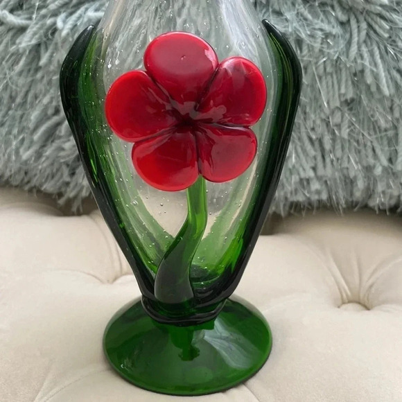 Handmade Blown Glass Flower Bud Vase red flower And Stems 10" Tall - Picture 2 of 5